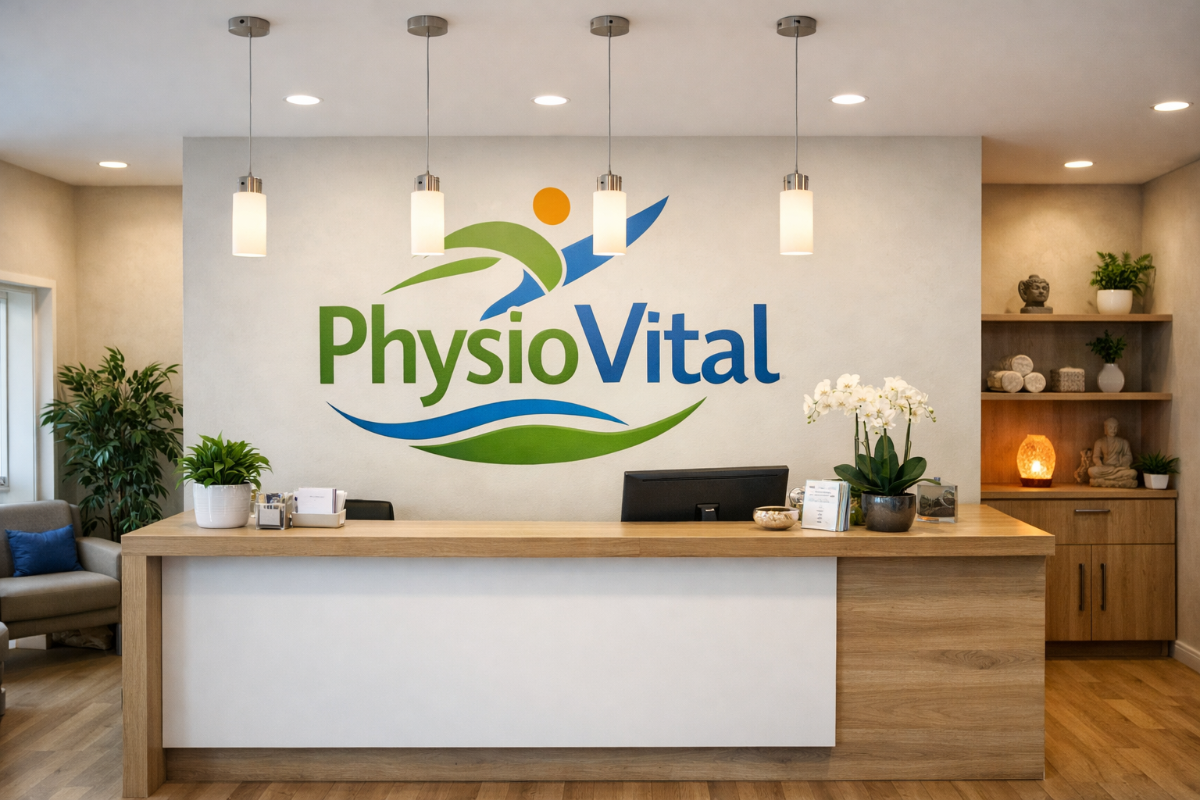 Moderner Empfangsbereich der Physiotherapiepraxis PhysioVital mit Holztresen, Pendelleuchten und Wandlogo